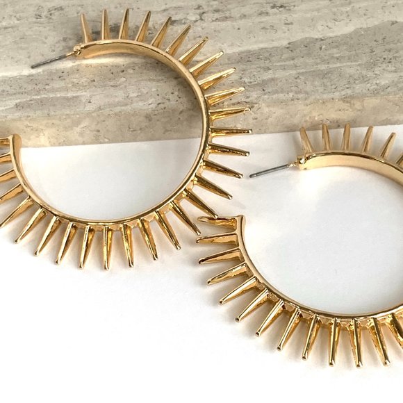 NEW ~ Anthropologie Gold Spiked Hoop Earrings - Picture 6 of 10